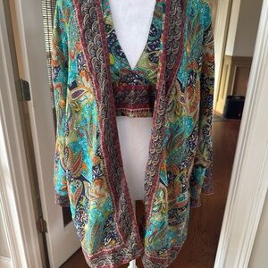 Silk Paisley Kimono Cardigan top shrug set turquoise brown multicolor M / L OS